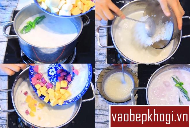 Cho các loại khoai và bột báng vào nồi chè rồi trộn đường với nước cốt dừa.