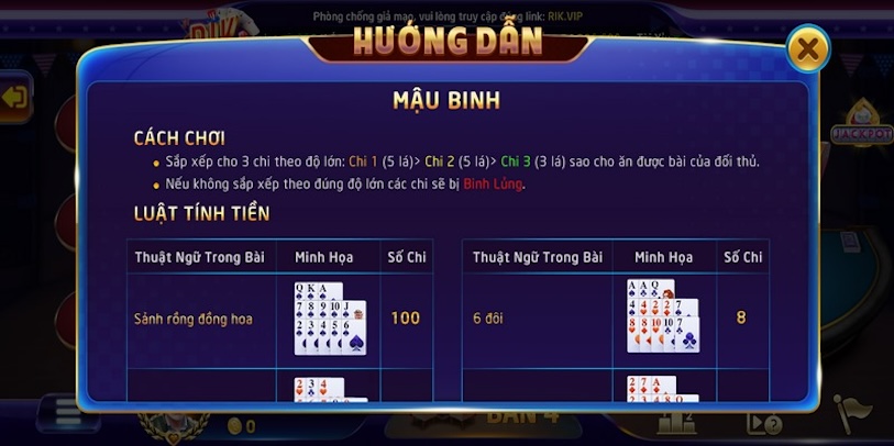 Luật chơi cơ bản của game bài đổi thưởng Mậu binh RikVip