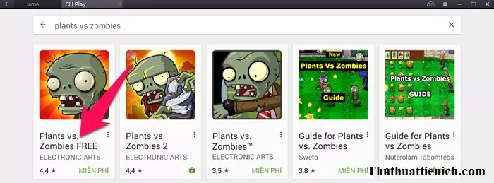 Chọn Plants vs. Zombies FREE trong kết quả tìm kiếm